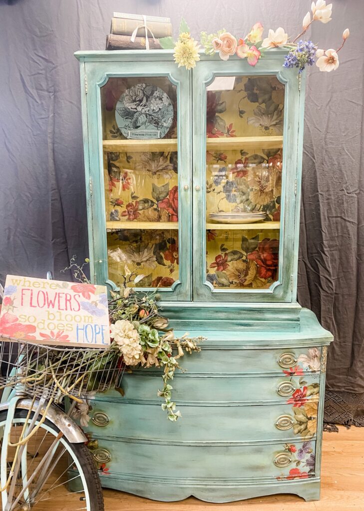 Charming vintage hutch reimagined with Annie Sloan products. Green and Yellow